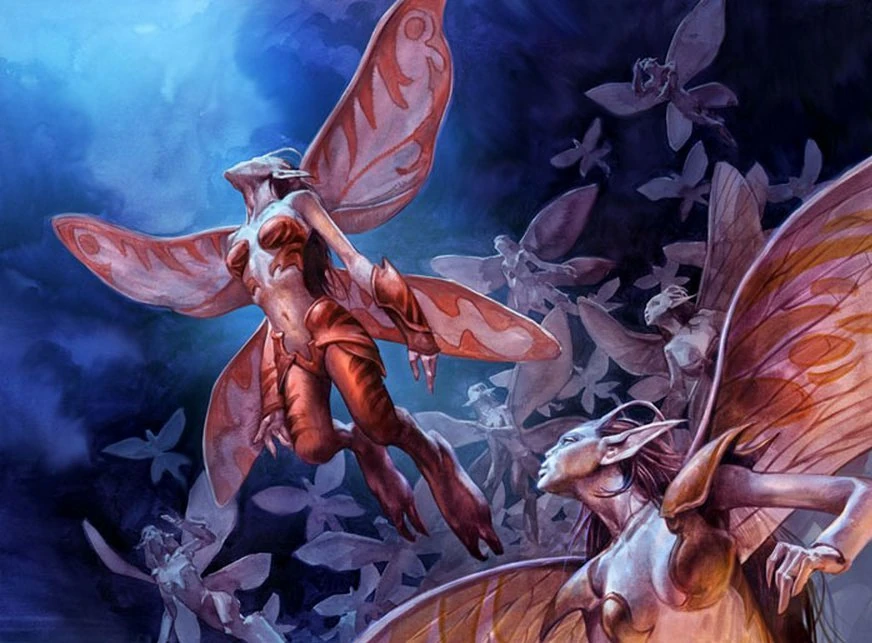 Swarm of insect-winged faeries flying through misty twilight