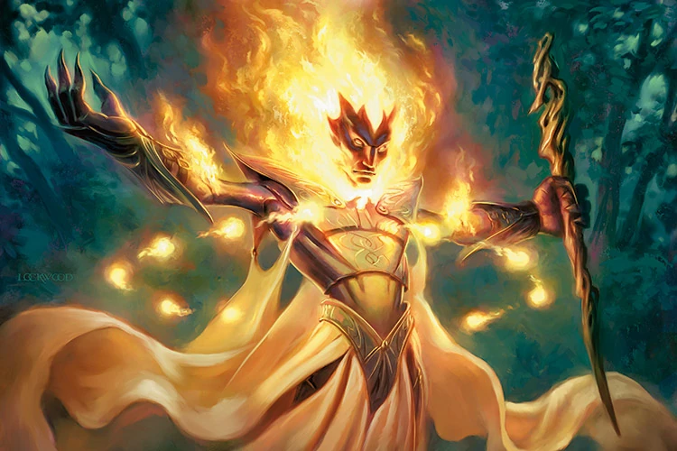 Majestic flamekin elemental with blazing fiery crown and magical flames