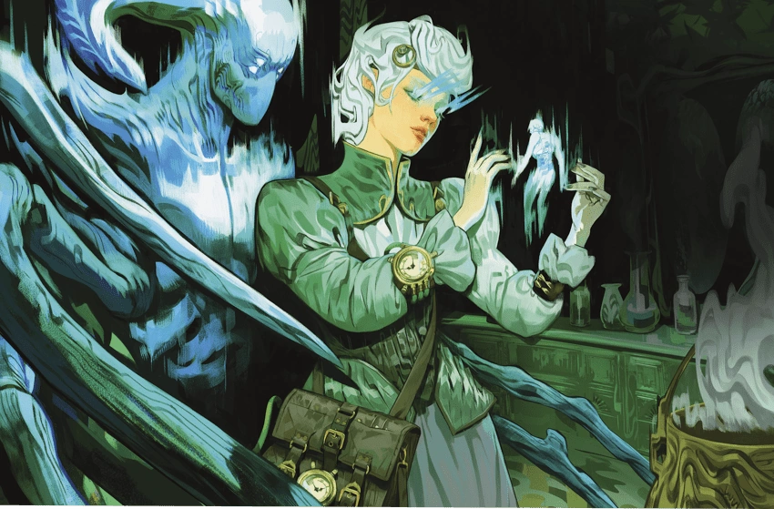 A serene Kalashtar woman with symmetrical features, channeling psionic energy as an ethereal quori spirit manifests behind her