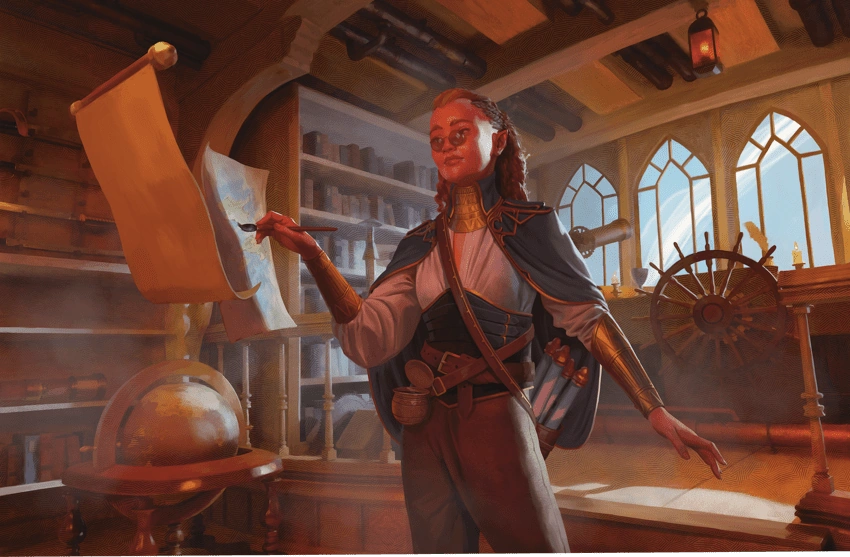 A Khoravar half-elf navigator from House Lyrandar, charting courses and bridging cultures in Eberron