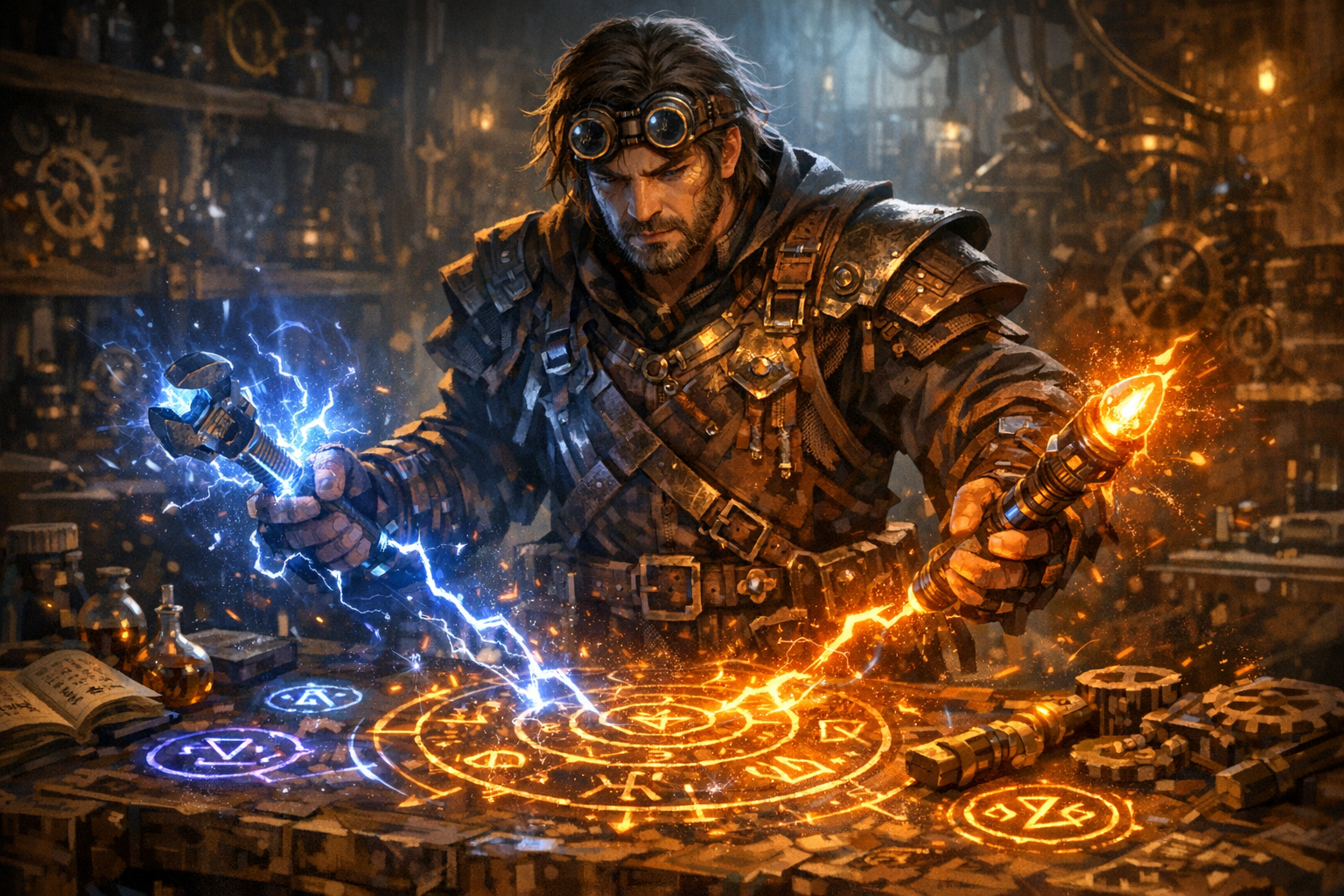 An Artificer channeling arcane energy through tools and glowing runes