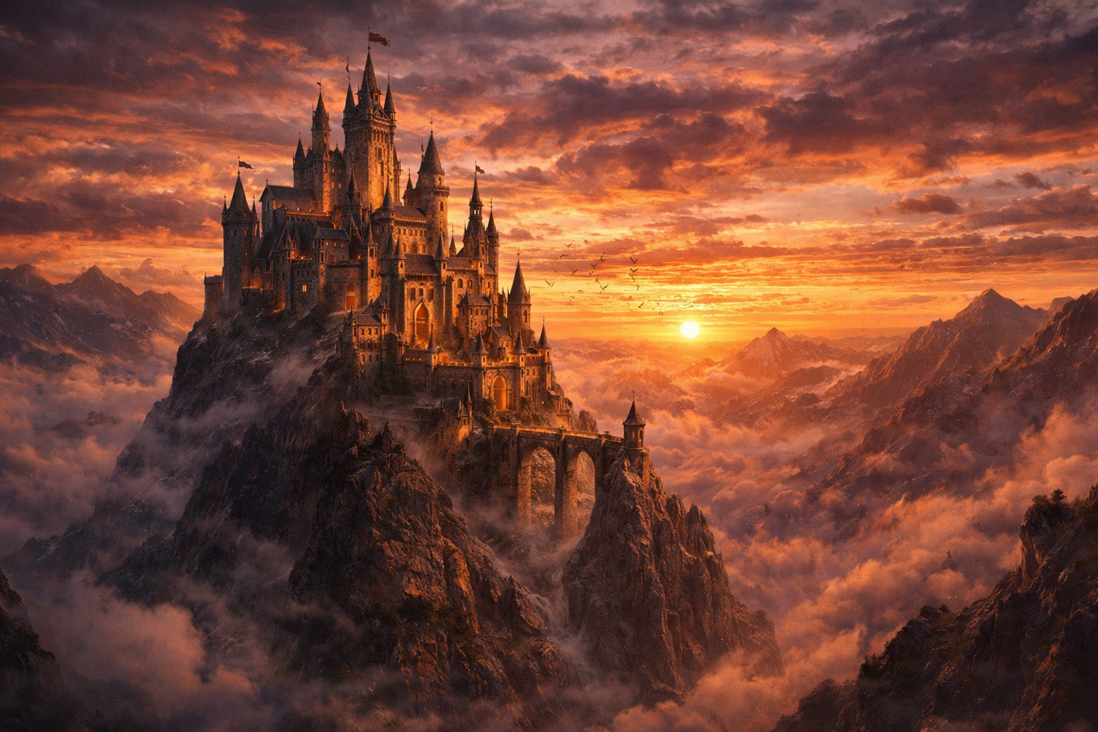 Majestic fantasy castle perched on a mountain peak at sunset