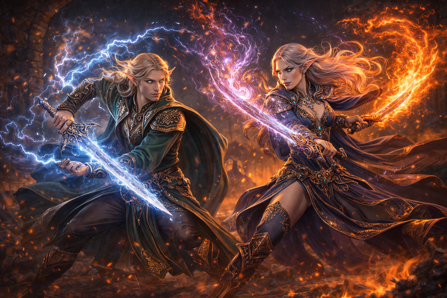 Two elven Bladesingers in dynamic combat poses with enchanted blades and magical effects