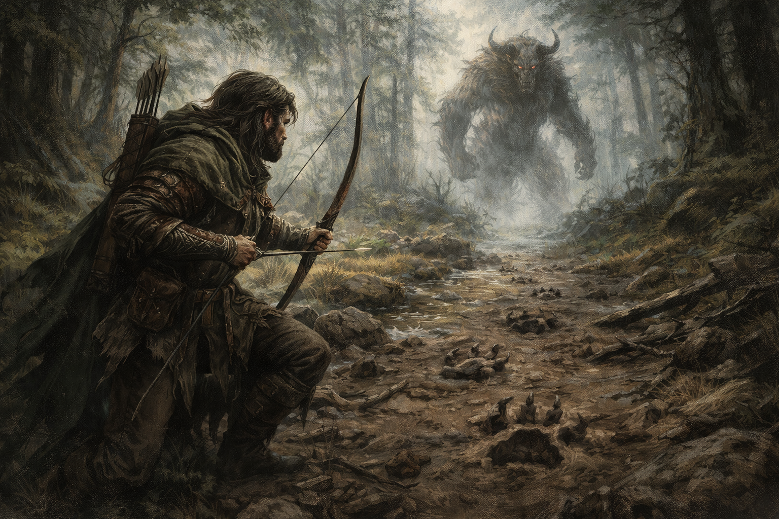 Classic Hunter Ranger with longbow tracking monstrous prey in wilderness