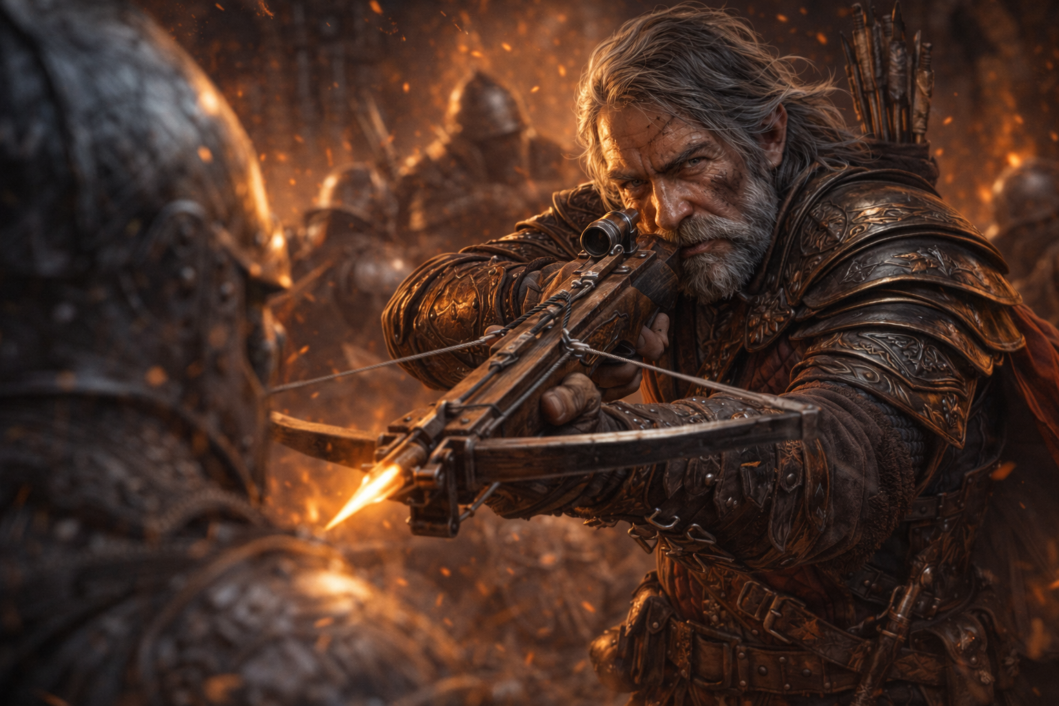 A grizzled fantasy crossbowman aiming with deadly precision in close-quarters combat