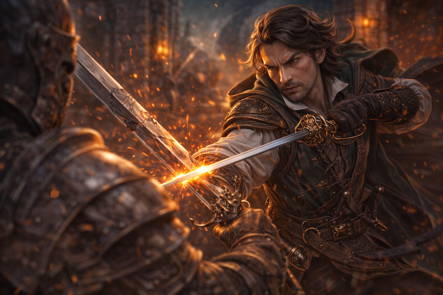 A dexterous duelist parrying a heavy sword strike with a rapier