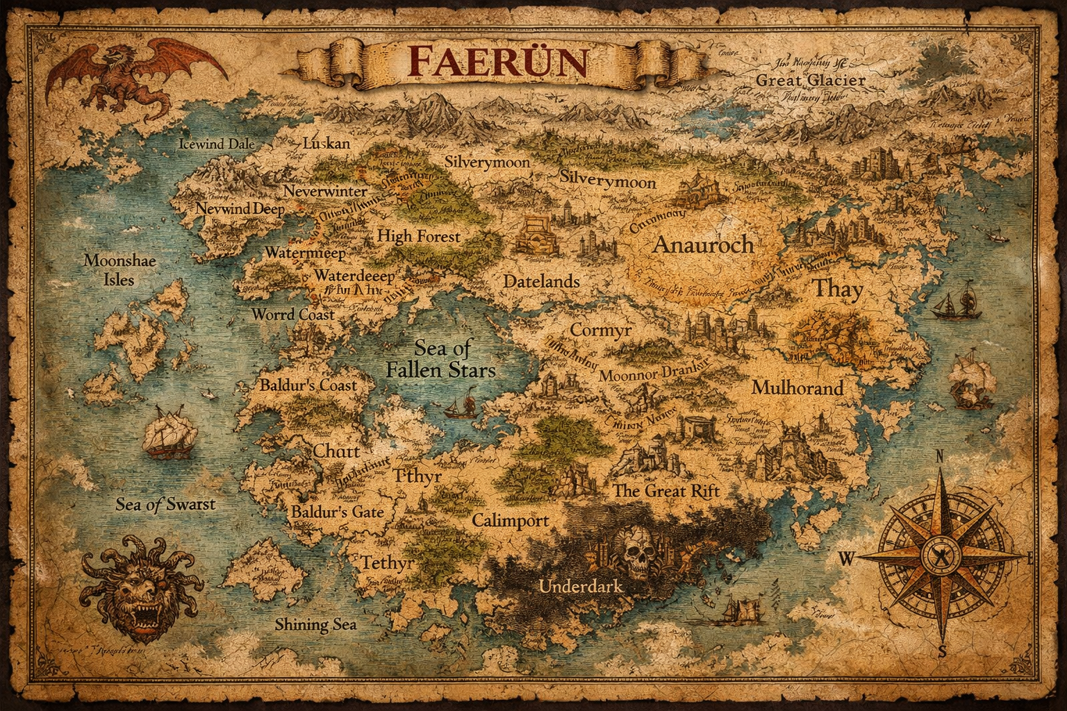 Ancient parchment map of Faerûn with detailed coastlines and landmarks