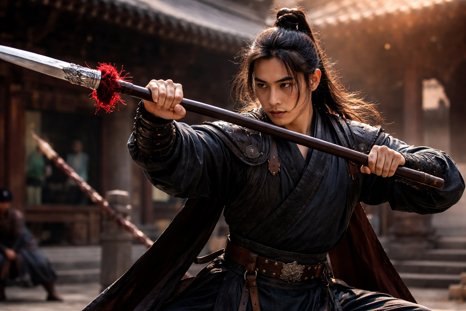 A warrior training with martial weapons