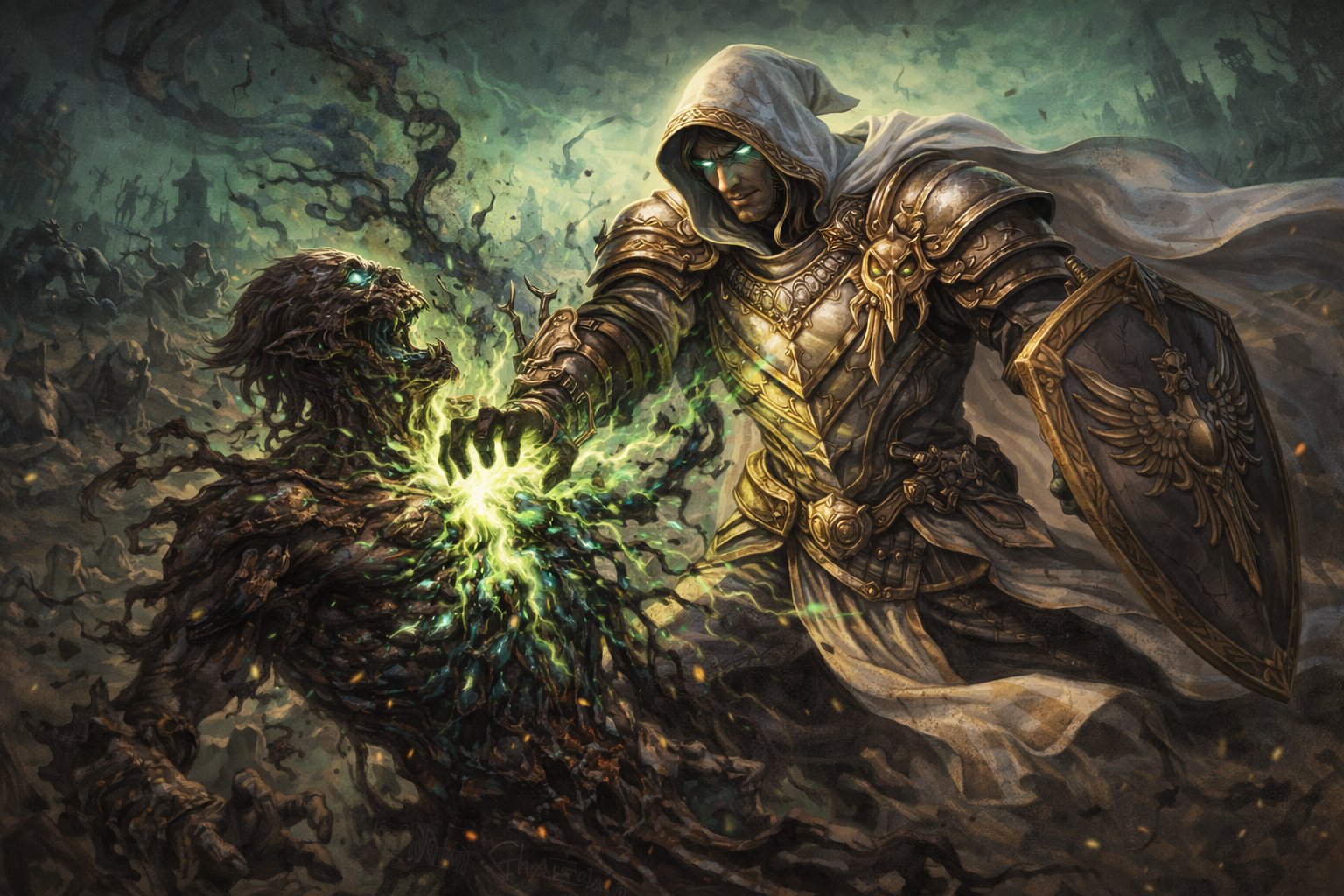 Warrior of Mercy delivering a deadly necrotic strike