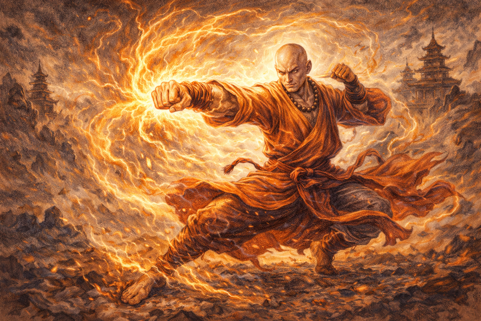 Focused Monk in flowing robes executing a powerful martial strike amid swirling energy