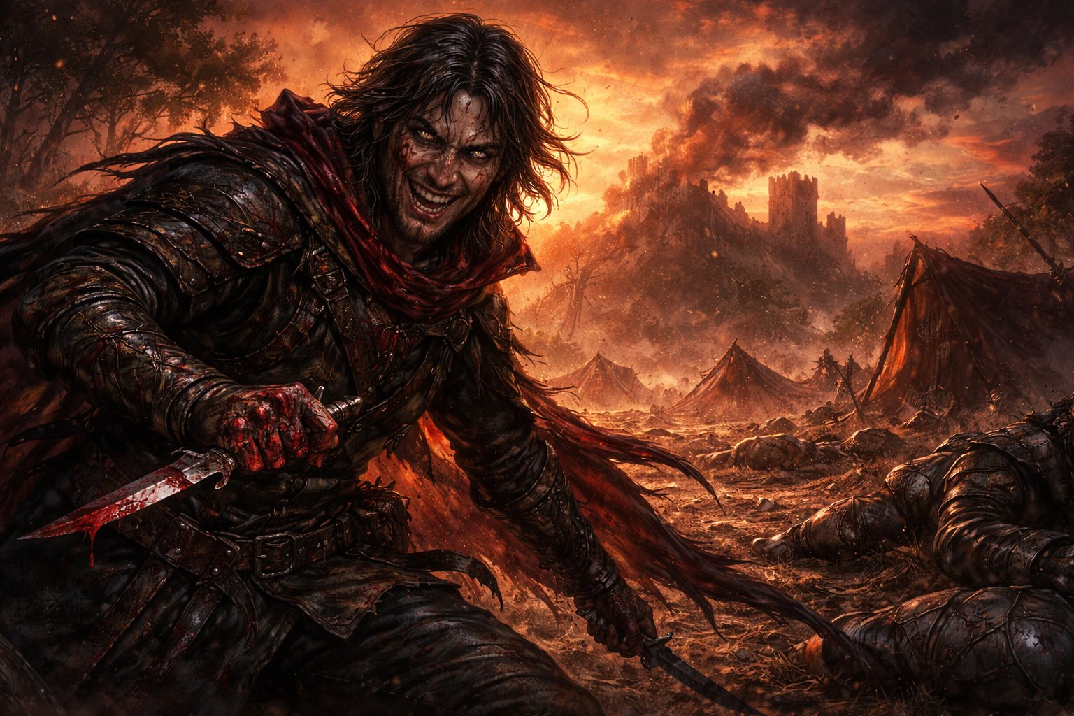 Bloodied rogue grinning maniacally amid carnage at sunset