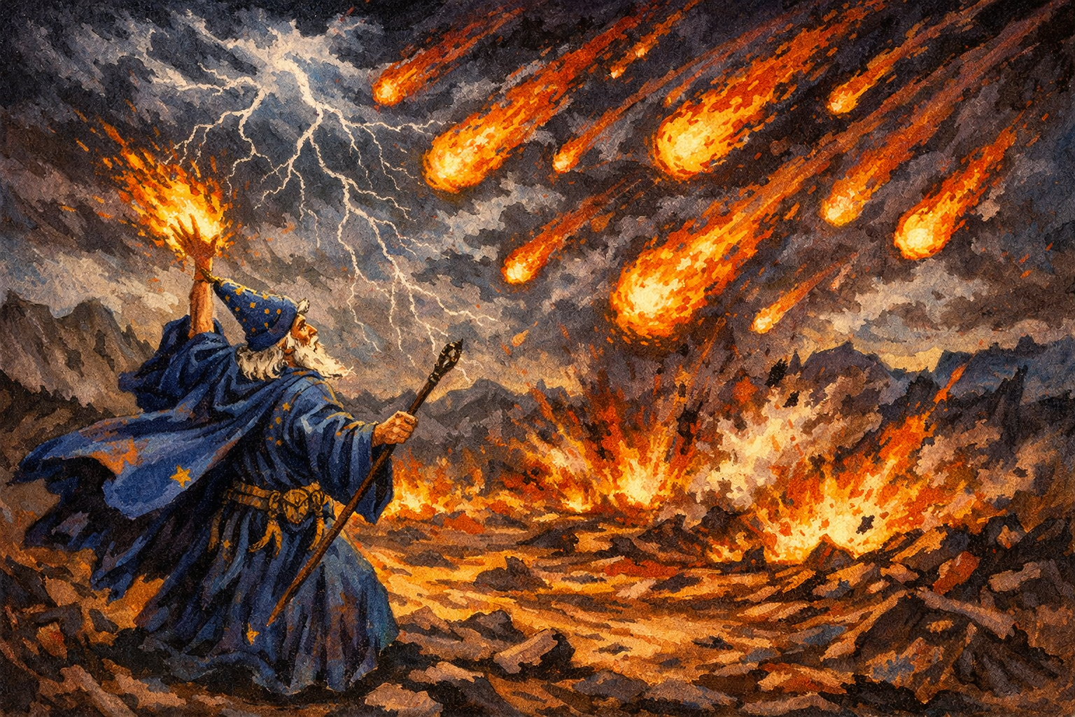 Sorcerer casting meteor swarm under a stormy sky