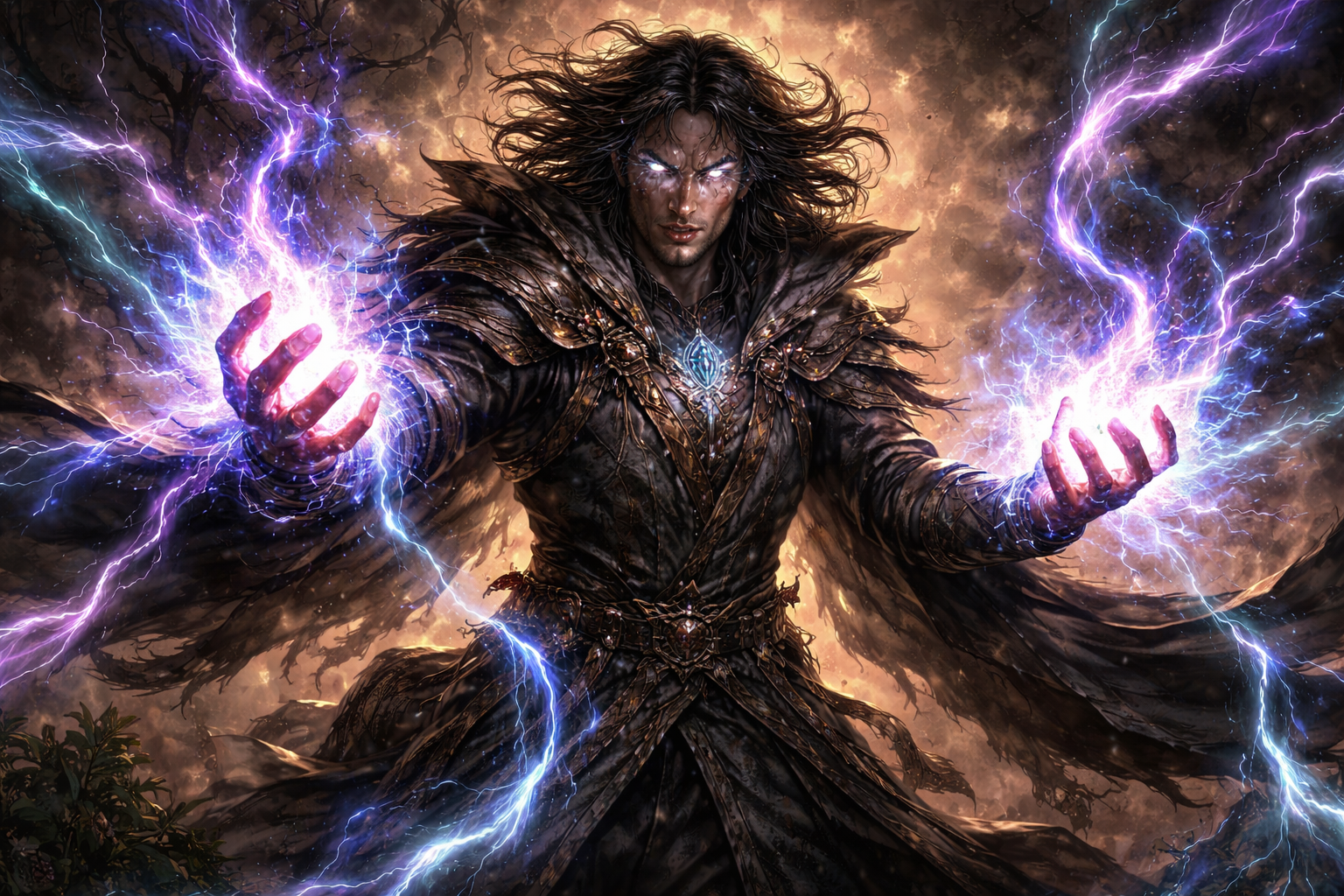 Sorcerer channeling raw magical energy from within, hands glowing with power