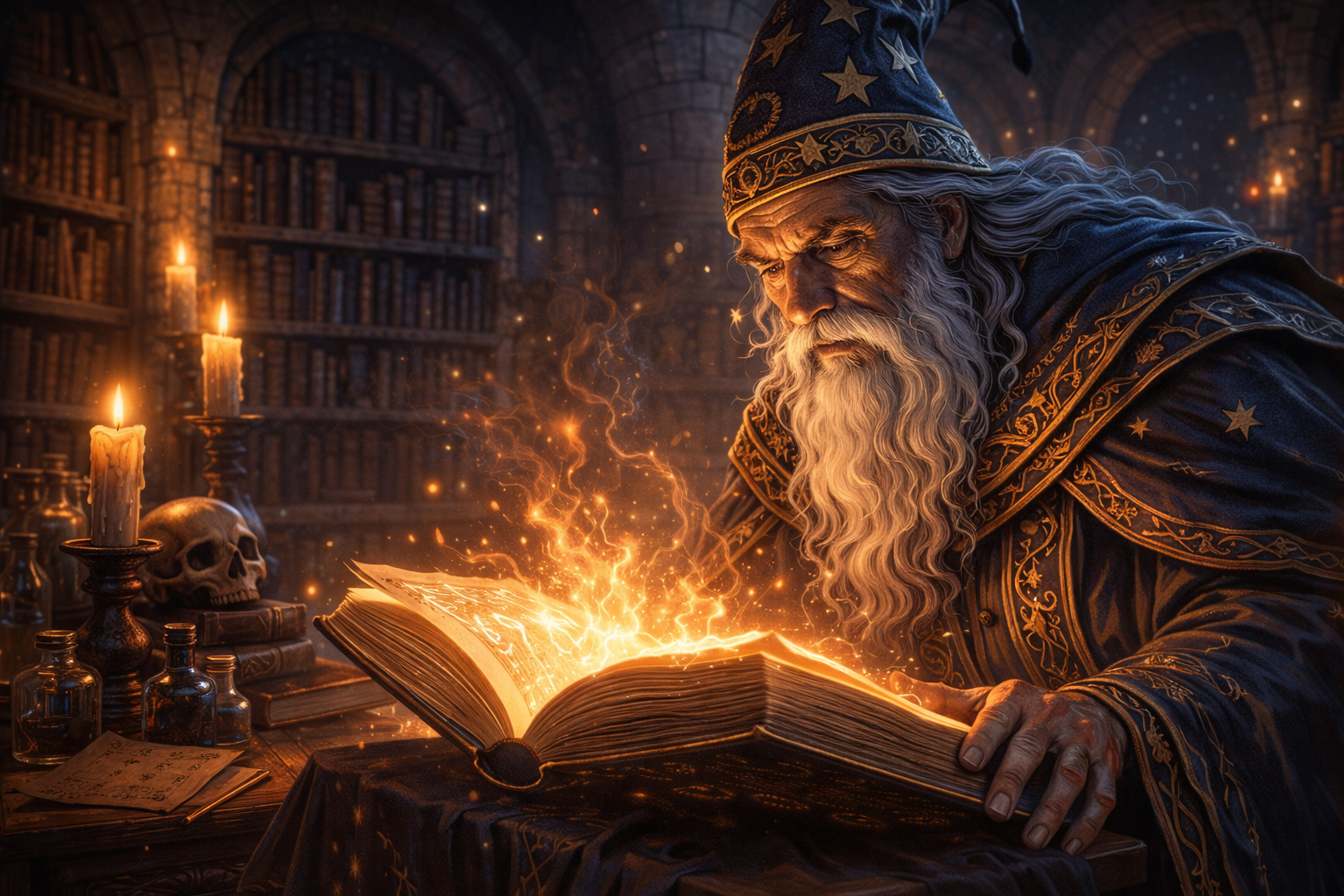 Bearded wizard poring over glowing spellbook in a candlelit tower library